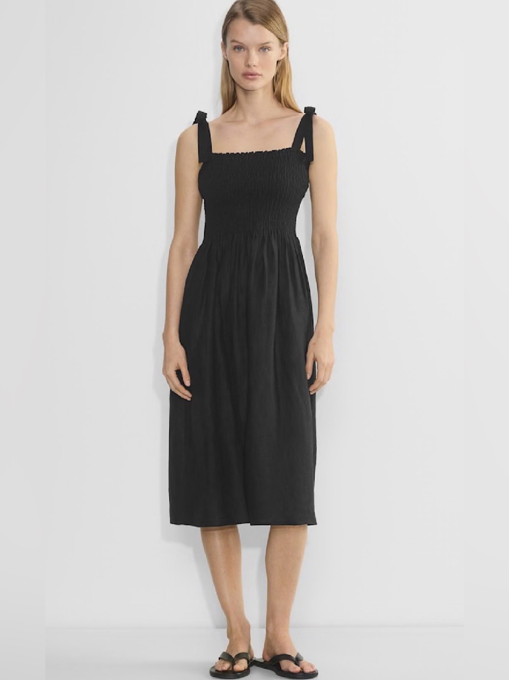 Aritzia Black Midi Smocked Sundress with Tie Straps